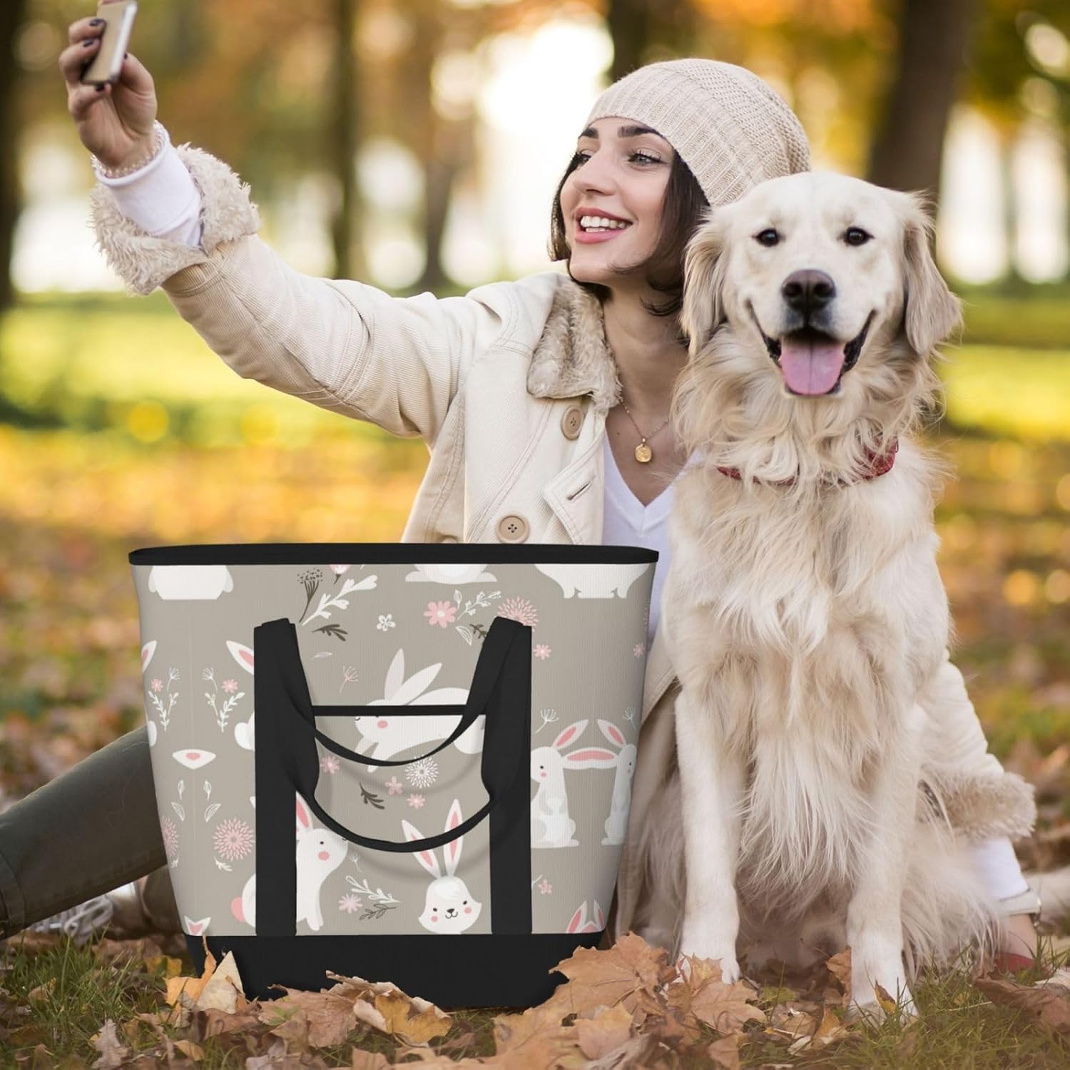 Easter Bunny Floral Print Large Cooler Bag Tote Bag,Reusable Grocery Bag,Lunch Box Bag, For Picnic Beach Camping