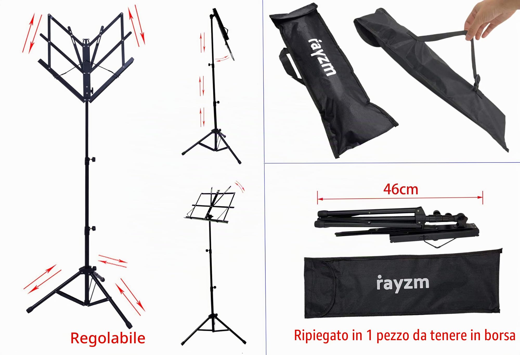 Rayzm leggio robusto portatile e pieghevole leggio in metallo con borsa da viaggio. Altezza regolabile, carico massimo 1,5 kg, leggero e compatto adatto per i viaggi e sistemabile nel ripostiglio