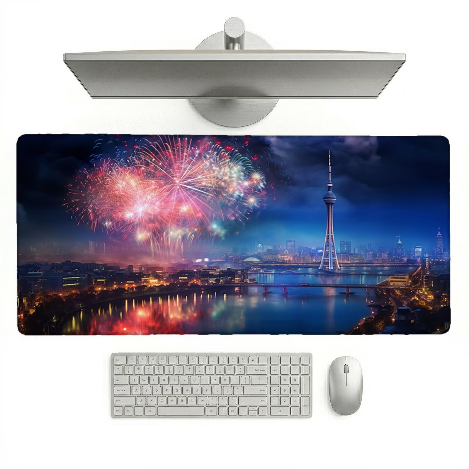 Tappetino Mouse XXL 1200 x 600 x 3 mm, Sottomano Scrivania, Fuochi D'Artificio Grande Tappeto da Tavolo con Base in Gomma Antiscivolo e Bordi Cuciti, per Ufficio/Computer/Gaming (Città) L-x8418