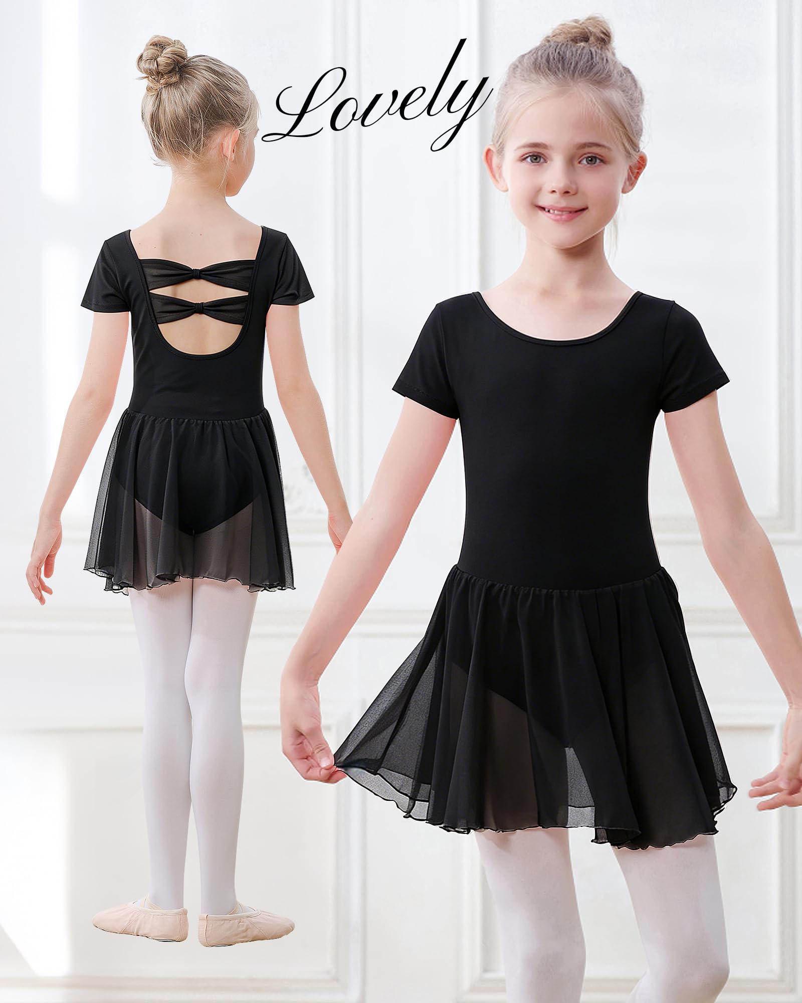 Kinder Ballettkleidung Mädchen Kurzarm Ballett Trikot,Balletttrikot Tanzkleid aus Baumwolle für Kinder mit Chiffonrock,Größen 100–150