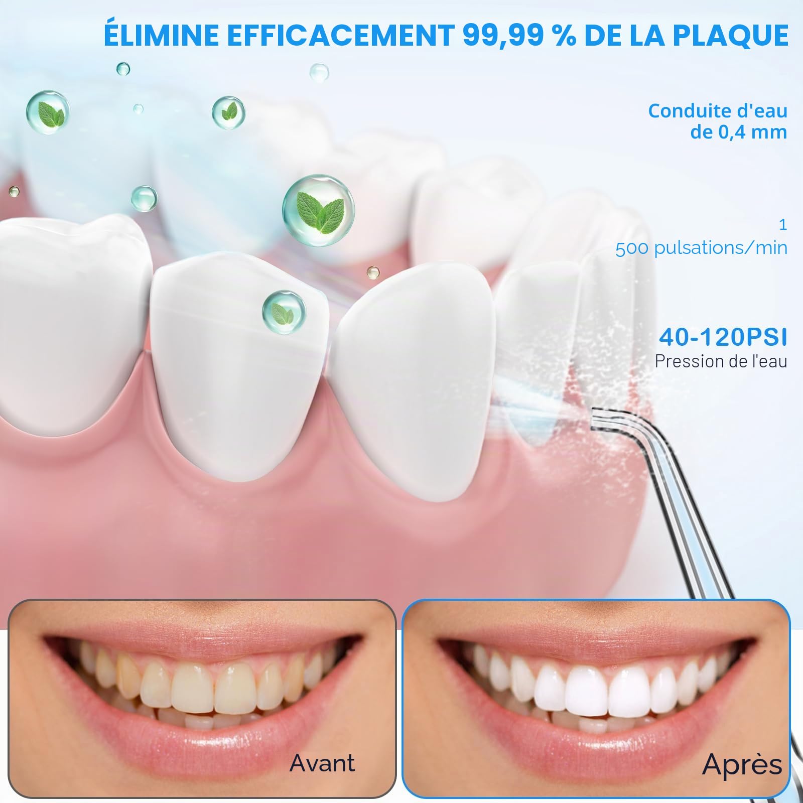 Hydropulseur Sans Fil, Mini Irrigateur Buccal Portable avec Boîte de Rangement, 4 Modes et 5 Buses, Fil Dentaire Électrique, Étanchéité IPX7, Adapté pour la Maison et les Voyages (Bleu/Blanc)