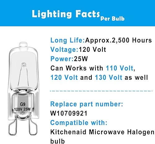 Miniatura 3 de W10709921 - Bombilla halógena para microondas compatible con Whirlpool Maytag K-itchenAid 120V 25W reemplazo W10112515 AP5983626 PS11722423