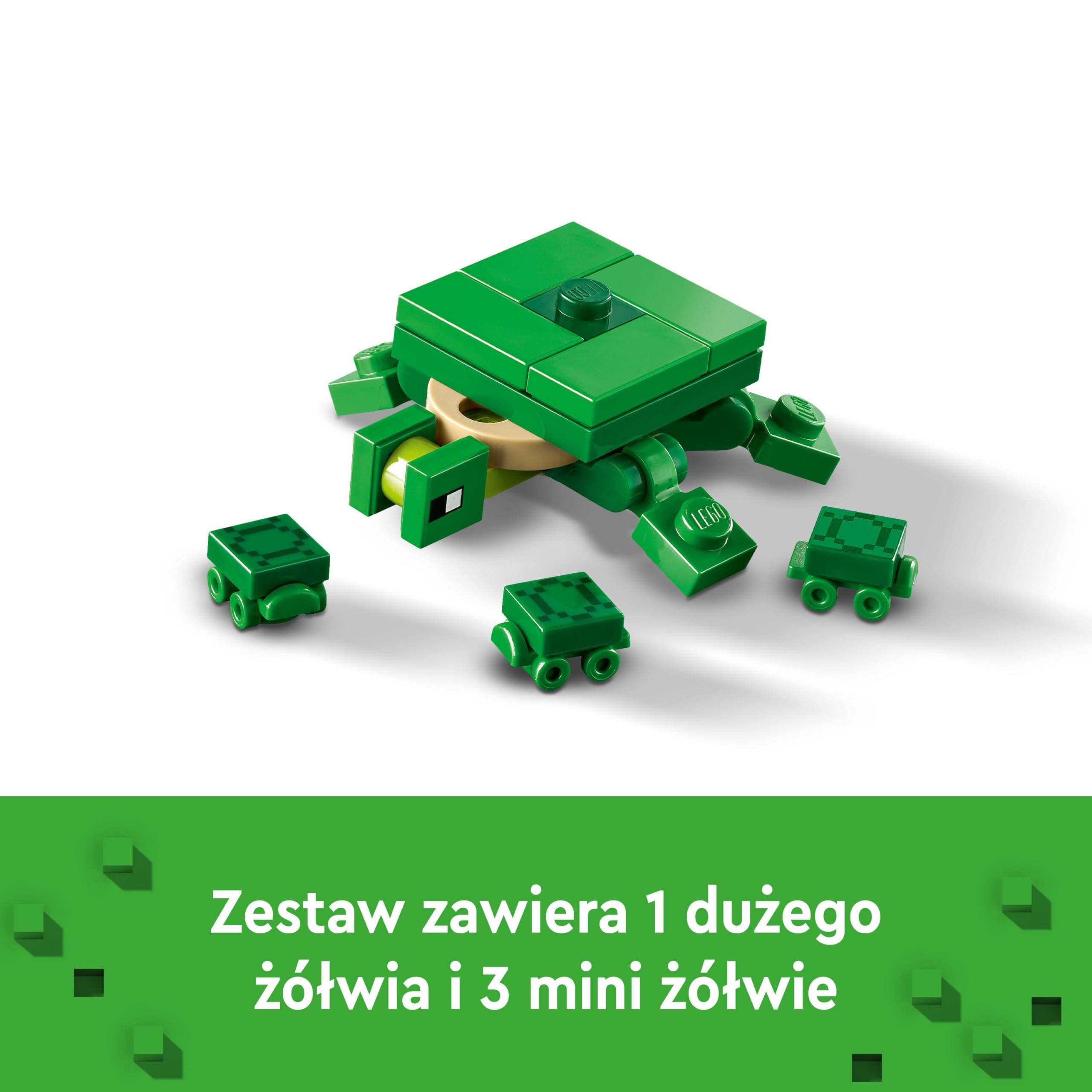 LEGO 21254 Minecraft Domek na plaży żółwi — zestaw do zabawy w opiekę nad zwierzętami z akcesoriami, dla dzieci w wieku od ośmiu lat; zestaw z postaciami i figurkami z gry, prezent dla graczy