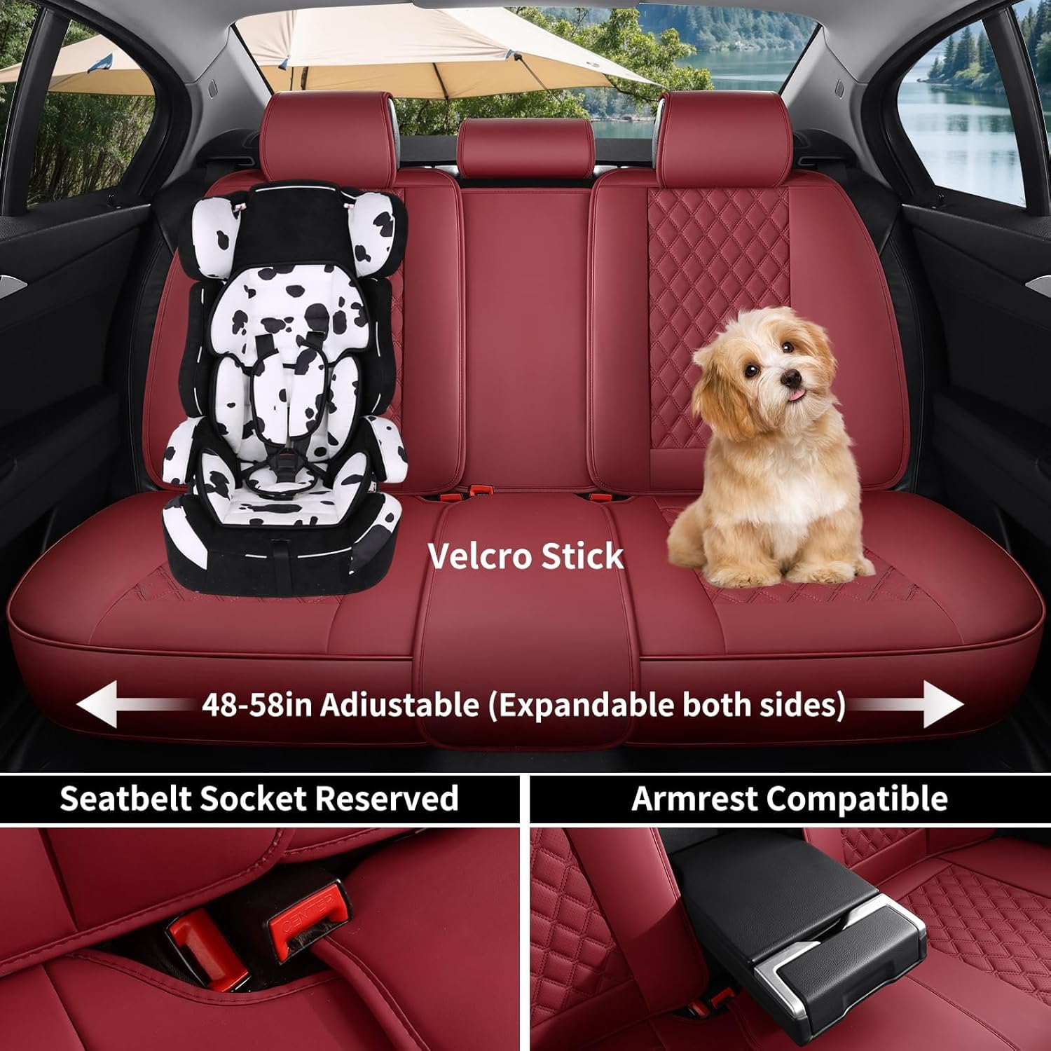 Car Seat Covers, Luxury Faux Leather Waterproof Non-Slip Women Seat Protector Universal Fit for Most Cars SUVs Trucks Pick-ups,Car Interior Accessories-SQ19 (Wine Red-Full Set) image 3 of 9 B0FF42ZX7W
