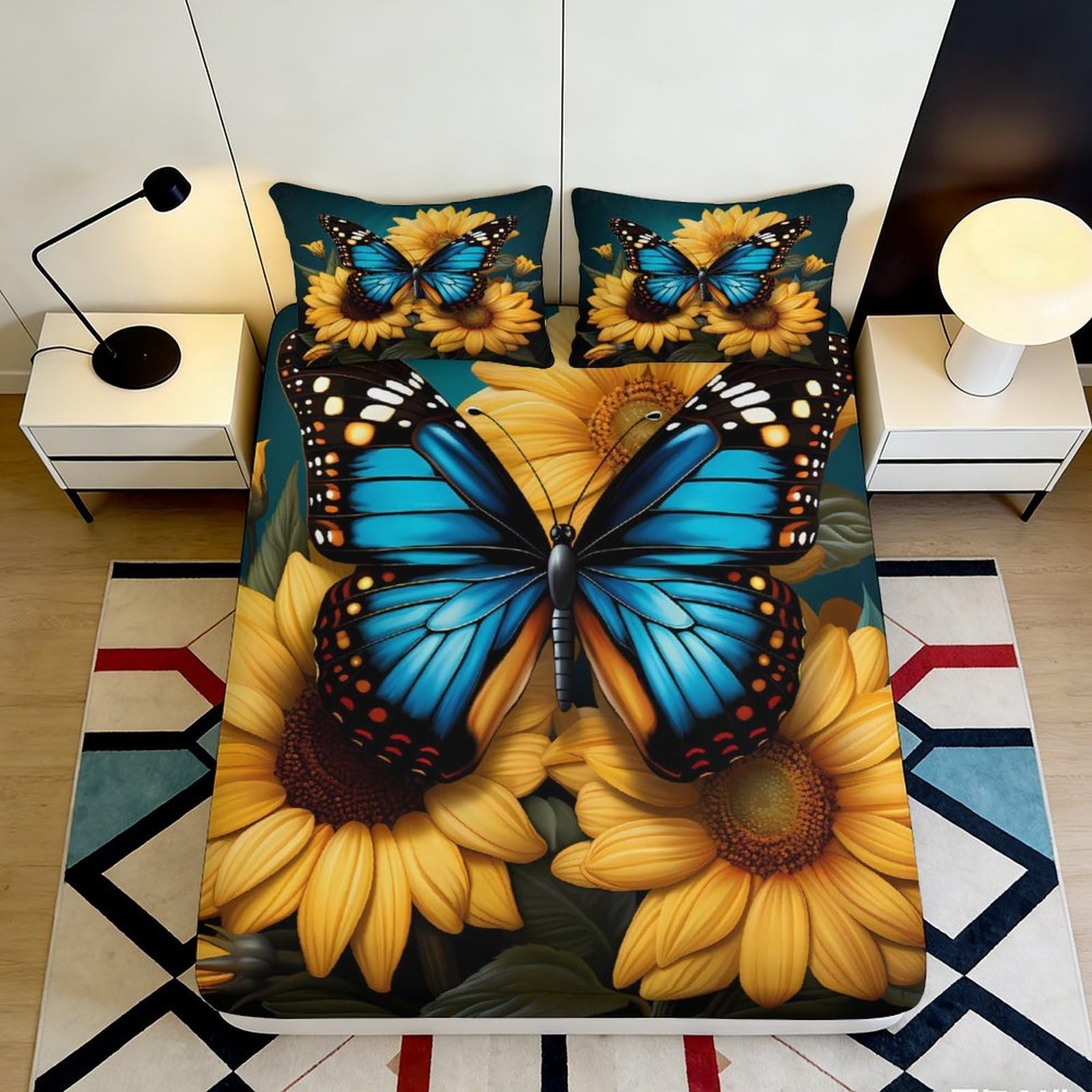 3D Printed Blue Butterfly Fitted Sheet Microfiber Soft Breathable Sunflower Bed Cover for Bedroom Dormitory Guest Room Mattress Protection Decor 120x200x25cm