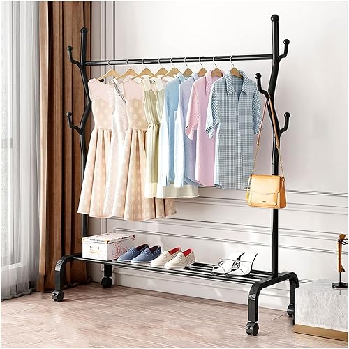 Hall Tree with Hooks Single Tidy Coat Rails Heavy Duty Metal Hanger for Clothes Portable Mobile Garment Rack with Lower Storage Shelf for Bedroom