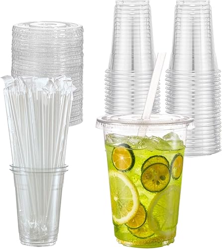 Artpreti 50 juegos de vasos de plástico transparente de 16 onzas con tapas y popotes, vasos desechables para café helado, batido, bebidas frías