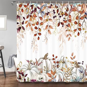 Fall Pumpkin Shower Curtain, Watercolor Autumn Thanksgiving Pumpkins Eucalyptus Leaves Shower Curtains Set with Hooks, Orange Waterproof FabricBathroom Decor Home Accessories,60X 70 Inch