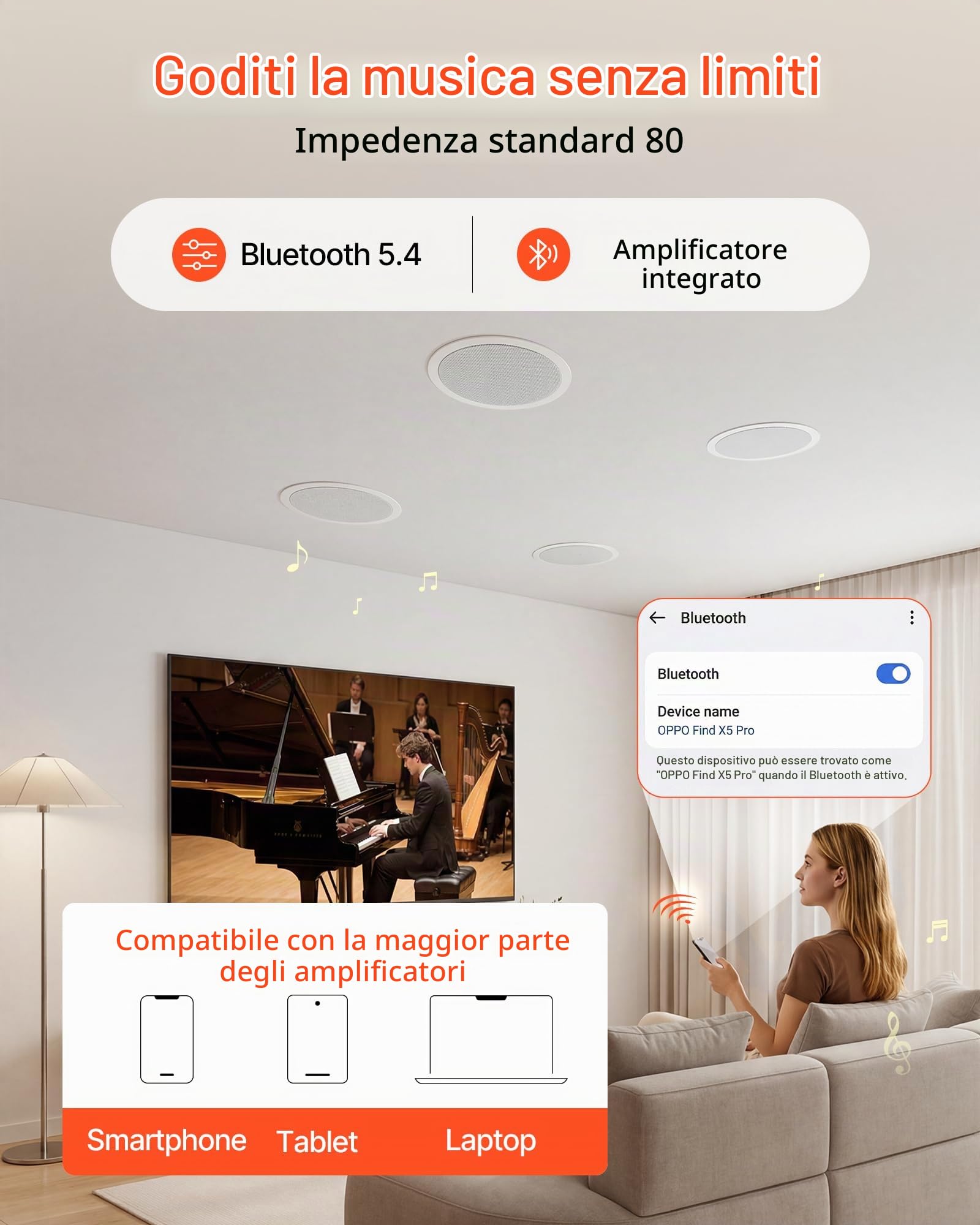 VEVOR Set di Altoparlanti 4 pezzi con Bluetooth, Altoparlanti da Incass a Soffitto 165,1 mm per Home Theater Soggiorno Diffusori Impedenza 8 Ω da Casa Cucina Bagno, Potenza di Picco Singola 150 W
