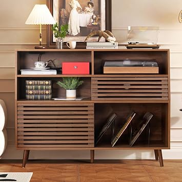 Jluomei Large Record Player Stand, Mid-Century Turntable Stand with Doors and Charging Station Record Player Table Holds Up to 450 Albums Vinyl Storage Display Shelf for Living Room, Walnut