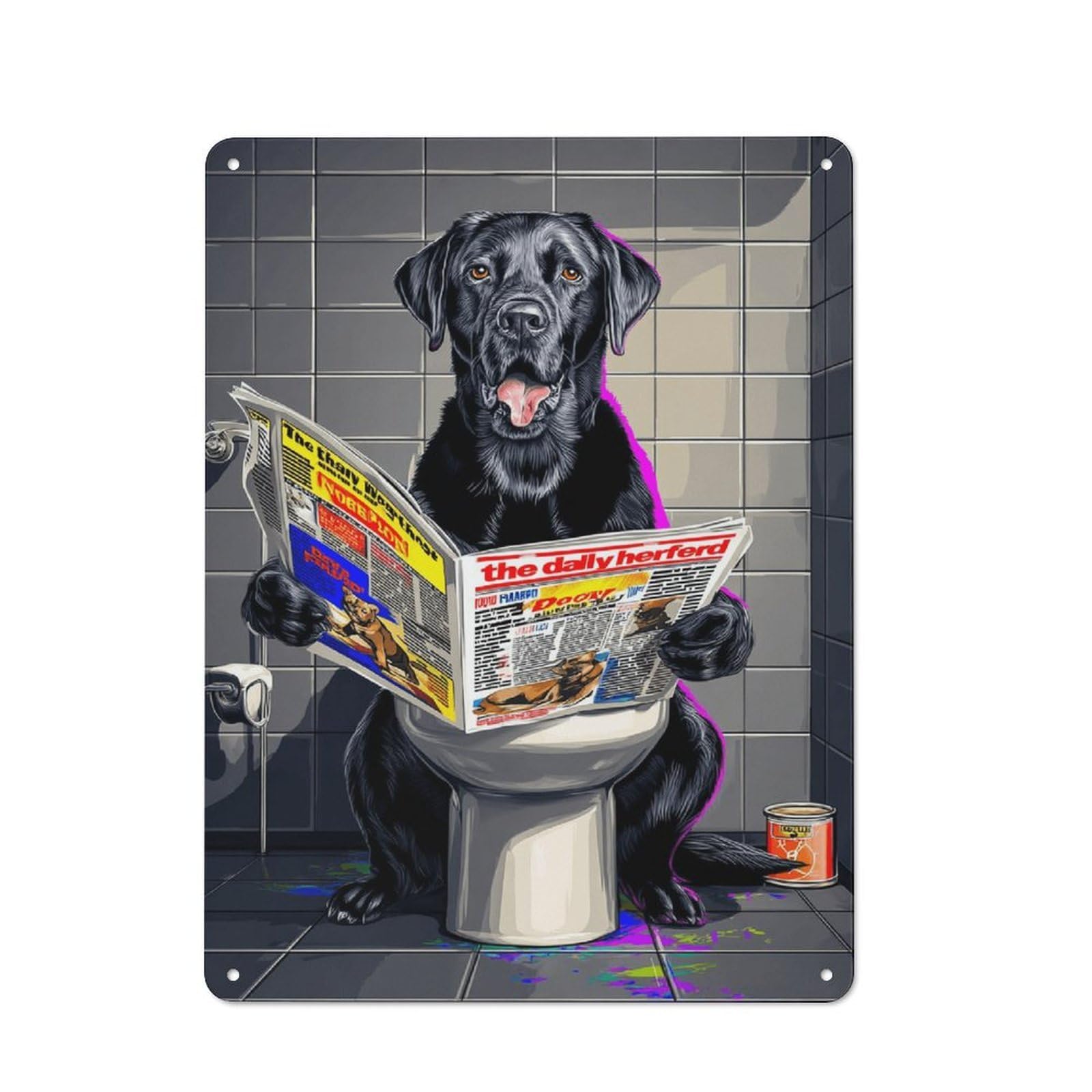 Junmoney Dog Reading Newspaper On Toilet-41 Retro Tin Sign 40X30cm For Lounge Or Reading Corner, Gift For Lounge Decor Fans During The Christmas Season
