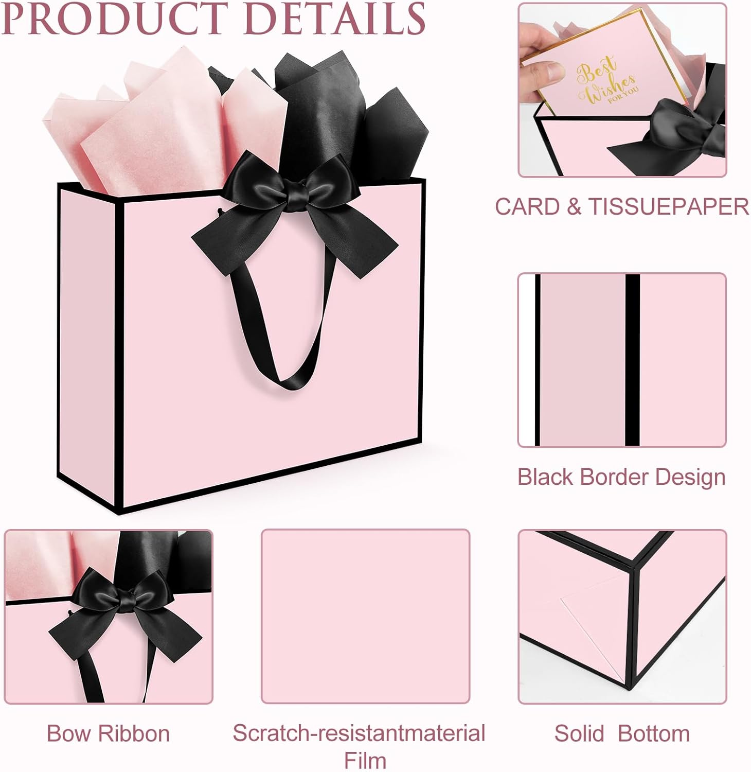 Ethhqu 3 Pack Elegant Large Gift Bags with Handles, 12.6x10x4 Inches - Set Includes Tissue Paper & Cards for Birthday, Baby Shower, Wedding, Anniversary, Christmas & Holiday Gifts (3Pcs Pink with Black Rim) - Image 3