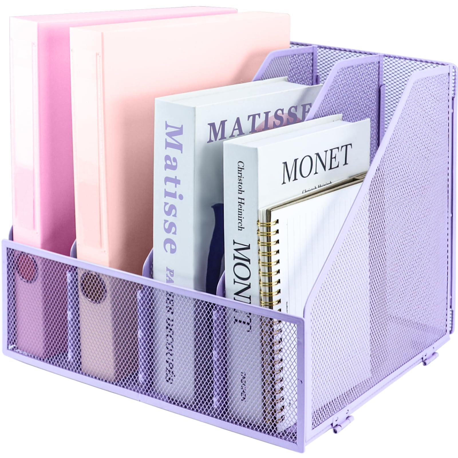 ideallife Desk Organizers, Metal Magazine File Holder with 4 Vertical Compartments Rack Binder File Organizer for Office Supplies, Home Workspace - Purple