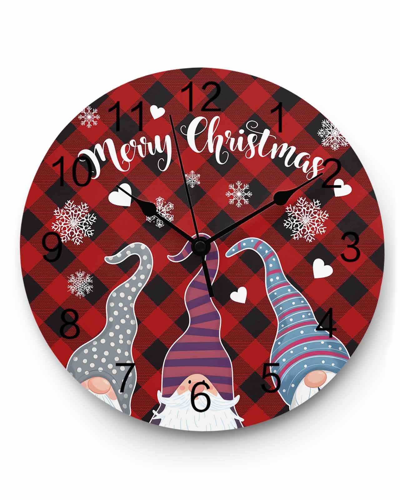 Ensound Christmas Wall Clock Santa Claus Gnomes Clocks Wooden Silent Non-Ticking Battery Operated Snowflake Love Heart Red Plaid Round Clock for Home Living Room Kitchen Bedroom Office School 12 Inch