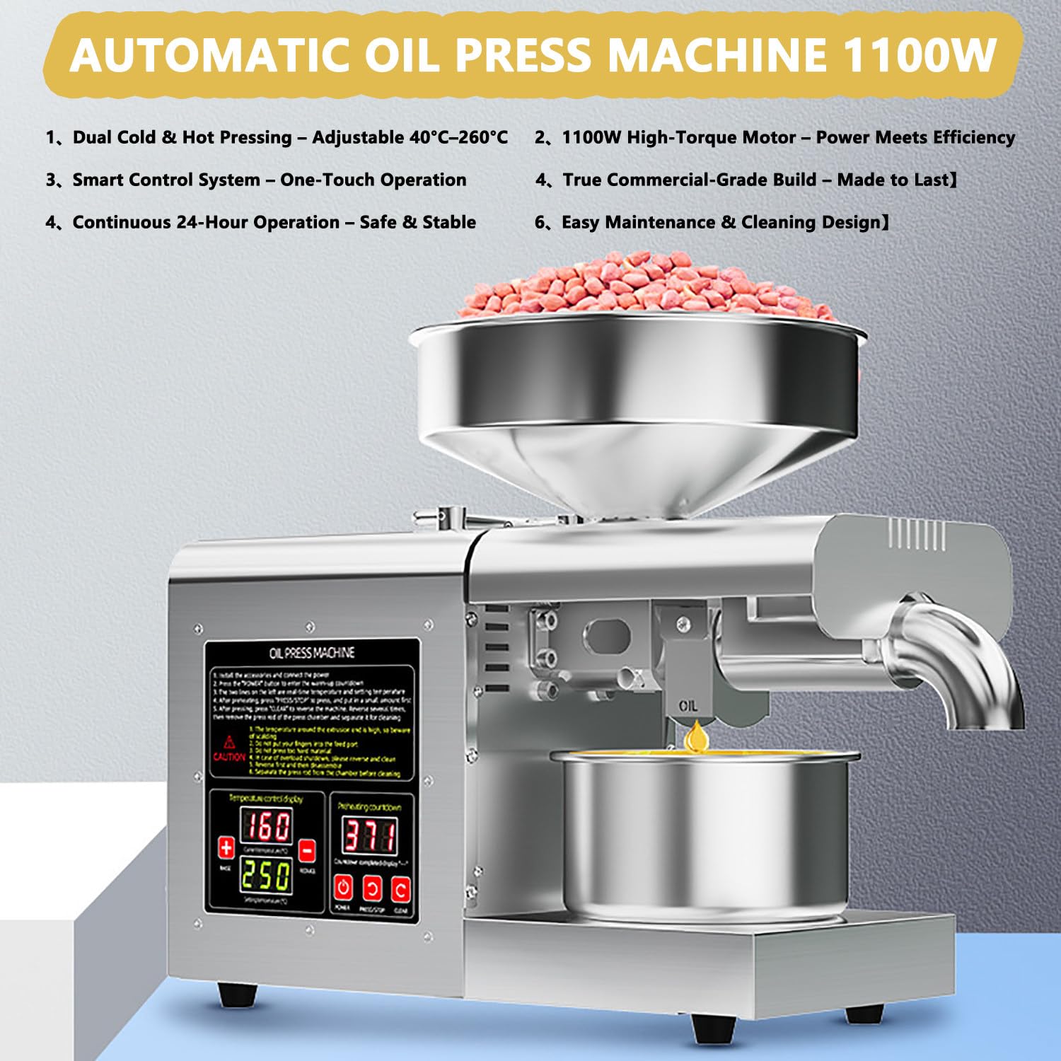 Máquina eléctrica de prensa de aceite de 1100 W - Extractor de aceite frío y caliente, acero inoxidable de grado alimenticio, tolva de 6 L, alto rendimiento de aceite, fabricante de aceite eficiente