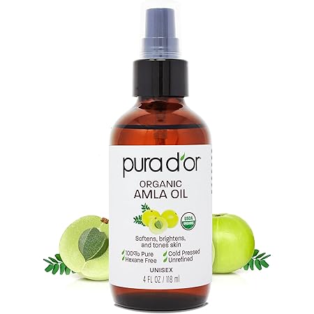 PURA D'OR Organic Amla Oil, 100% Pure USDA Certified Premium Grade Carrier Oil, Cold Pressed, Unrefined Indian Hair Care Growth Oil, Hair Serum & Thickening Hair Products for Women & Men, 4oz