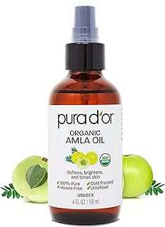 PURA D'OR Aceite Amla orgánico de 4 onzas, 100% puro certificado por USDA de grado premium, prensado en frío, sin refinar, virgen extra, suero para el cabello y producto para el cabello engrosante con