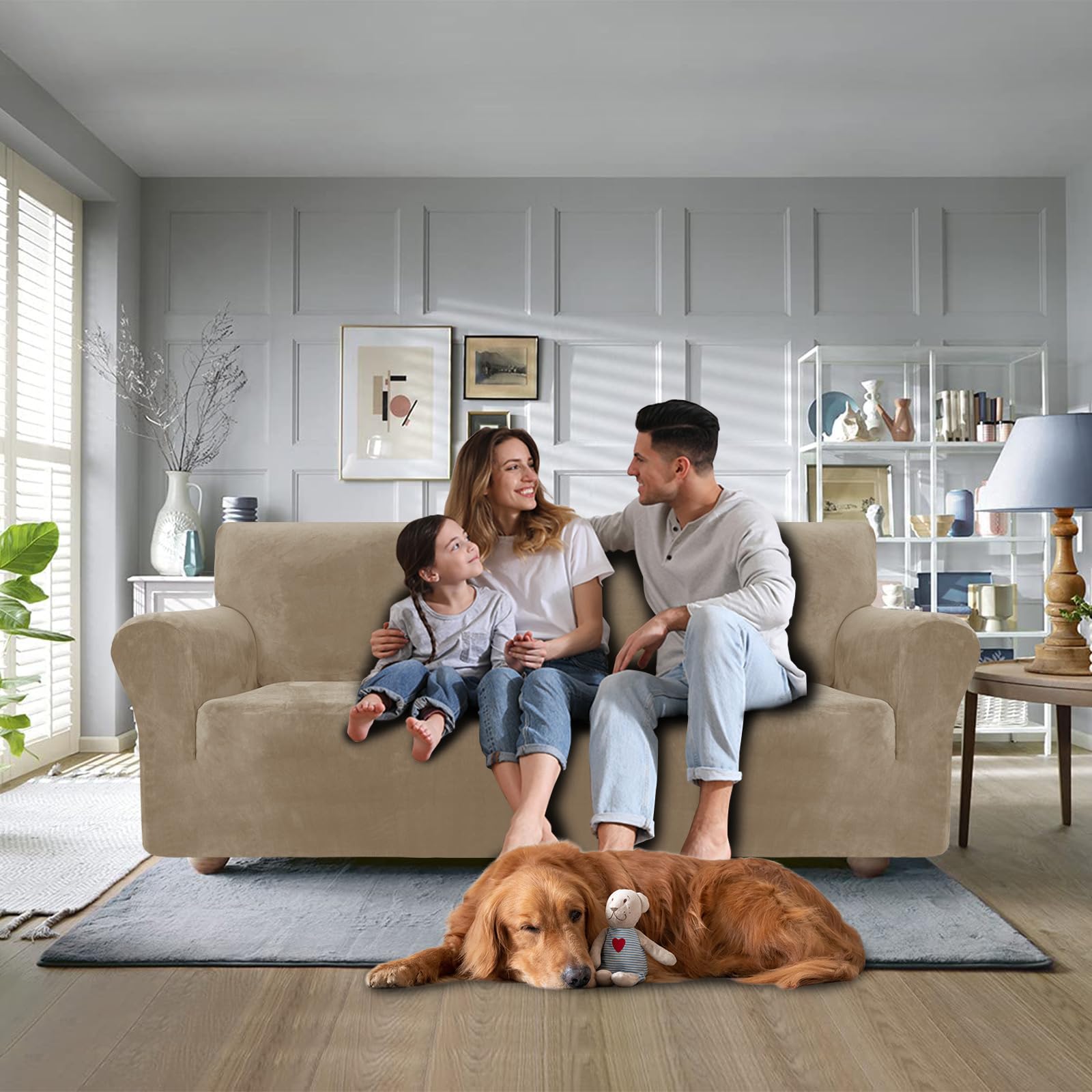 Terciopelo Funda Sofa 3 Plazas Ajustable Y Elastica, Funda De Sofa Antideslizante Antimanchas, Universal Couch Cover Protector, con Reposabrazos, Lavable, Camello