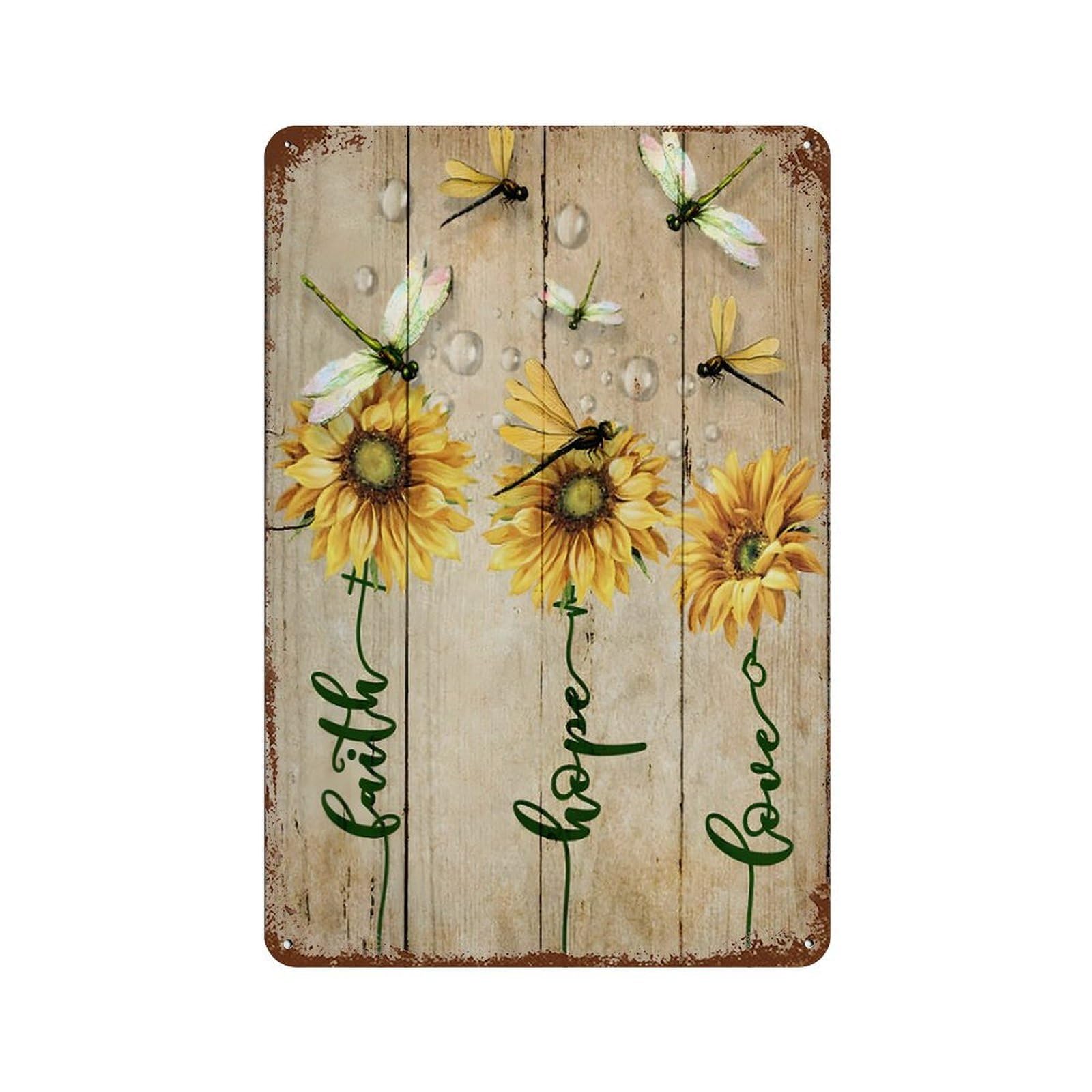 xiaoxiaoshen Sunflowers Dragonfly Faith Hope Love Wall Decor Art Metal Tin Poster Modern Home Decor Art Home Bar Shop Decorations Vintage Sign 30x20cm