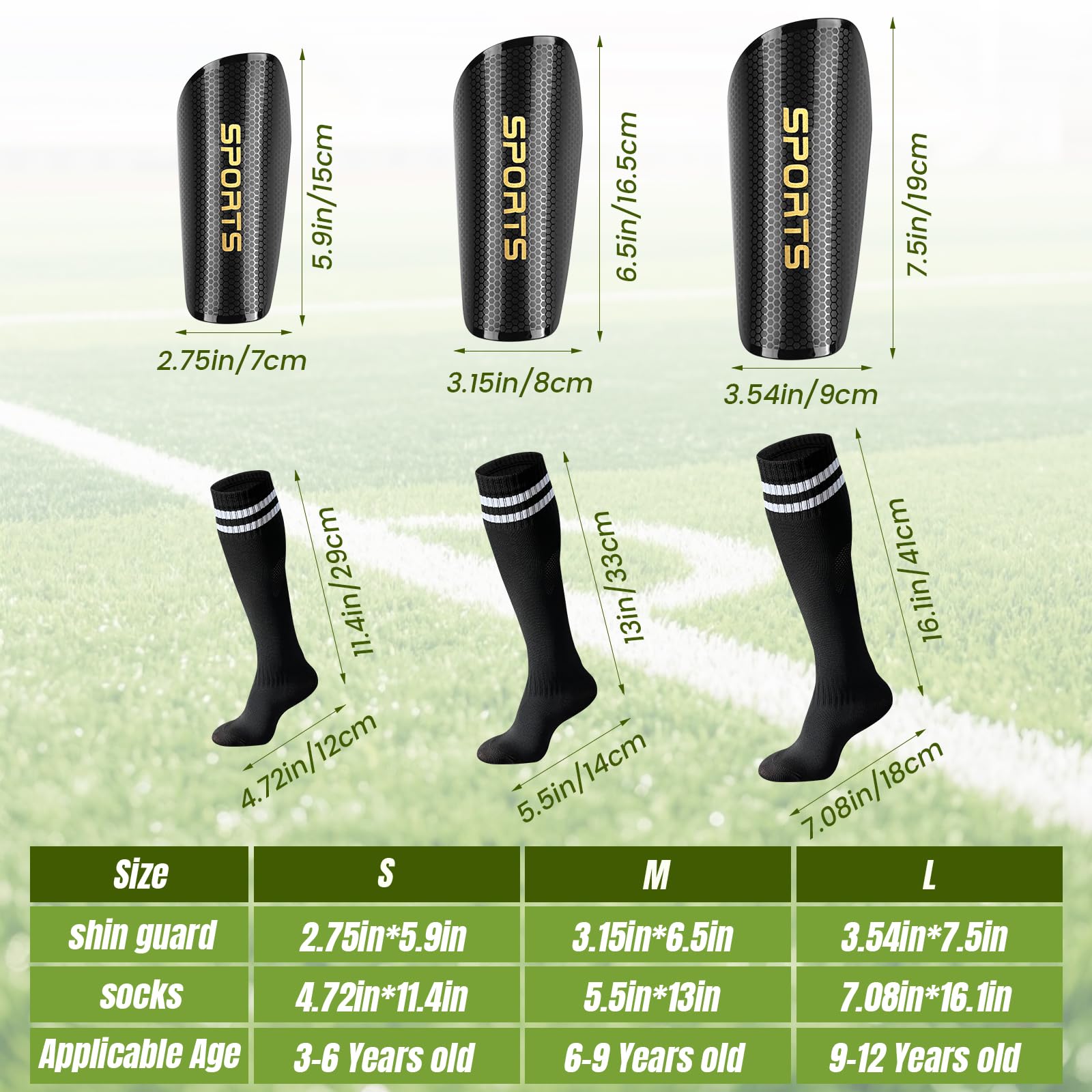 Espinilleras de fútbol para niños, jóvenes y adultos, incluye mangas optimizadas con bolsillos y calcetines de agarre, protección de fútbol para niños y niñas de 3 a 15 años (negro, M)