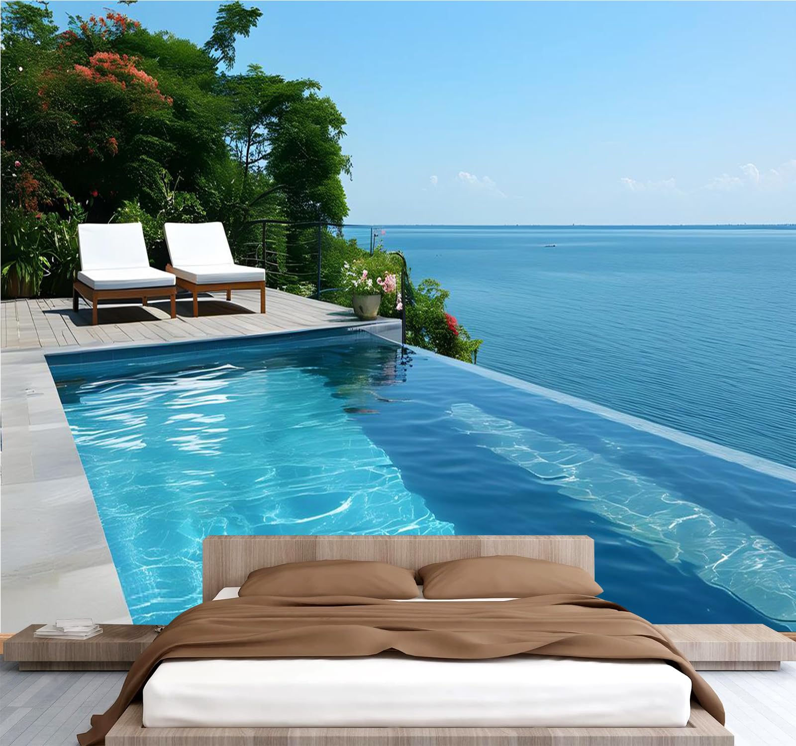 Générique Papier Peint Panoramique 3D 400x280 cm Océan Piscine Non-tissé Murale Maison Décoration Intérieure Nature Paysage pour Chambre Salon Mur TV Artistique Poster Décoration Murale 2N1373