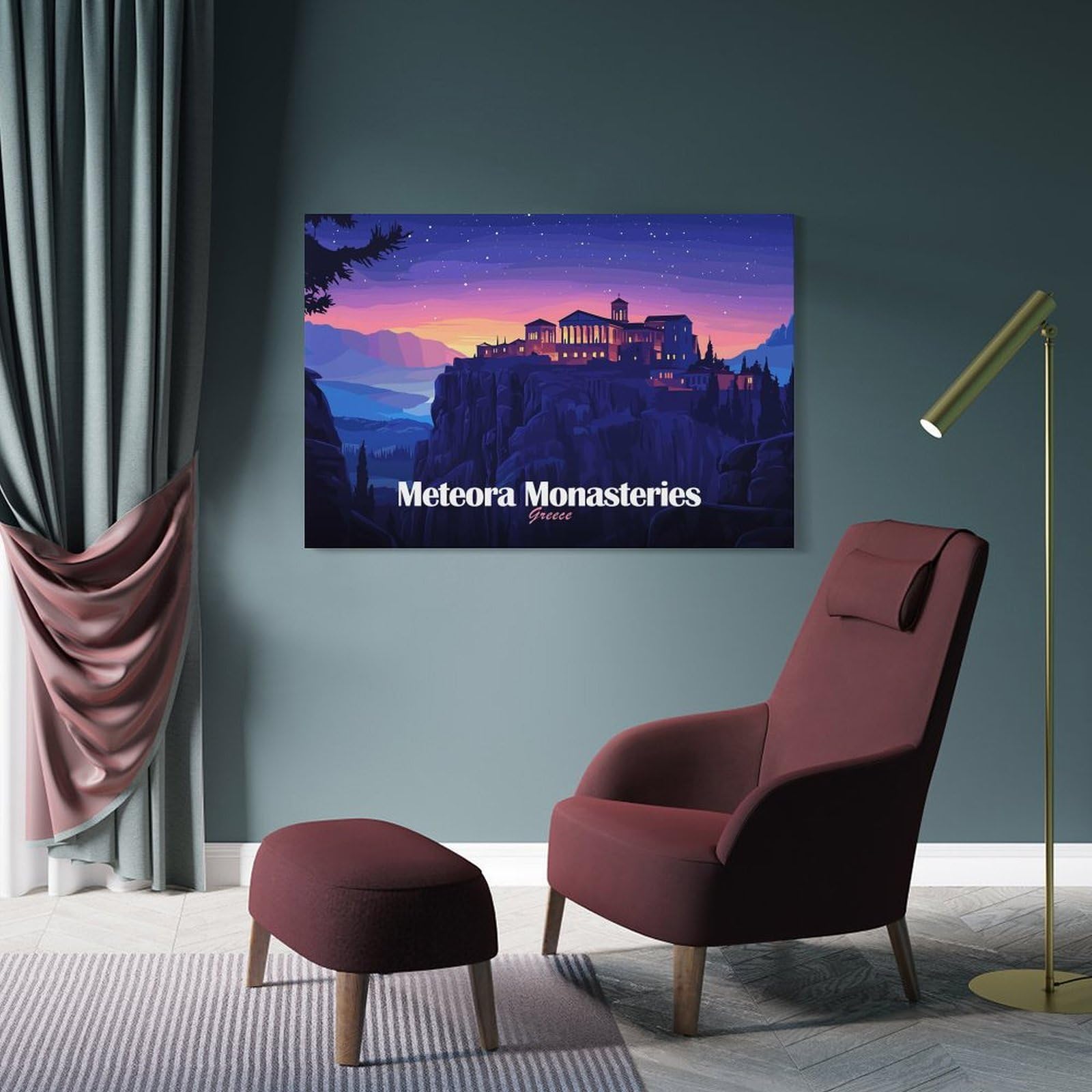 Junmoney Frame-Style-4-2 Meteora Monasteries, Greece, Night Landscape Hanging Wall Art, 24X36inch(60X90cm), For Entrance Walls, Hall Decor Or Foyers, Wall Decor To Refresh Empty Corners