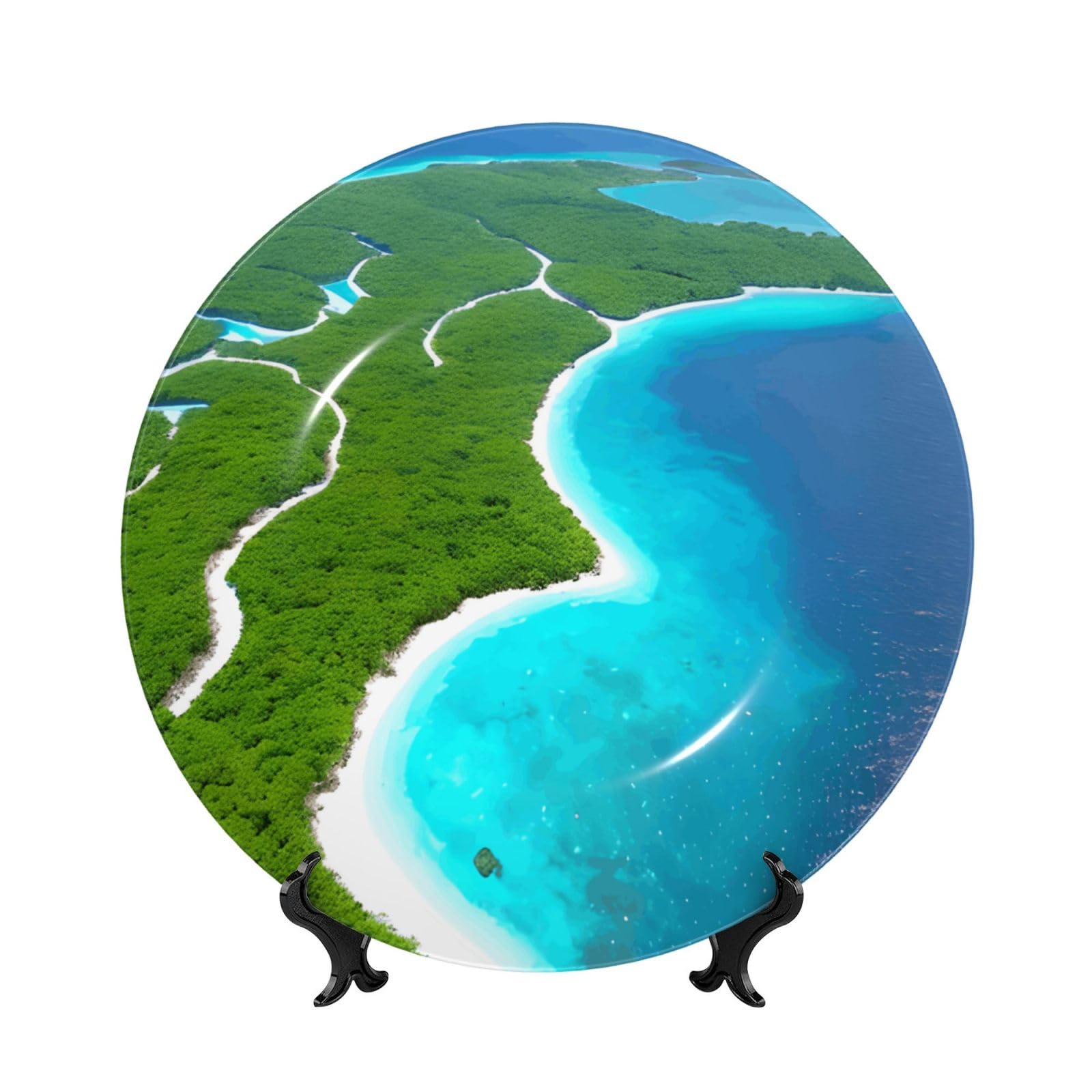 SXZVVBN An island in the ocean Bone China Decorative Plate Art with Stand Removable Adhesive Hanging for Home Office 7in