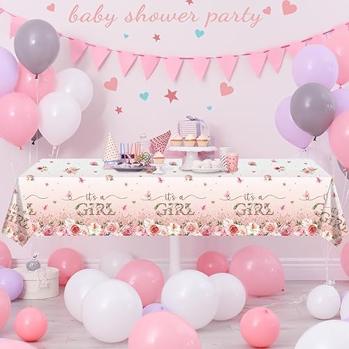 Miniatura 6 de Paquete de 3 manteles florales para baby shower, decoración de baby shower, decoración de fiesta de nacimiento con flores rosas para niñas, mantel