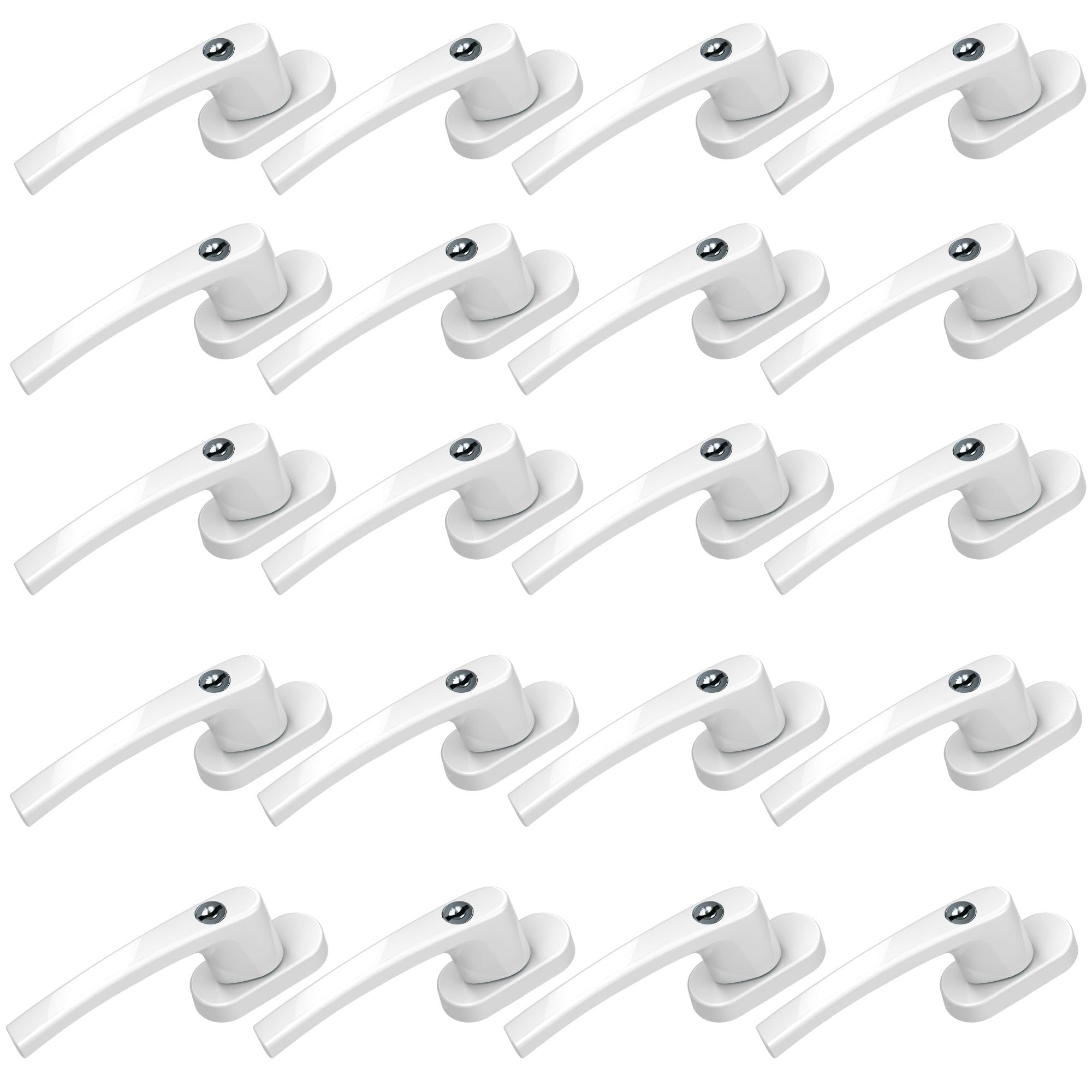 BASI Set di 20 maniglie per finestre con serratura, chiusura simultanea, colore bianco, alluminio, sicurezza per bambini, lunghezza perno 35 mm, maniglia per porta della terrazza, 20 pezzi, 40 chiavi
