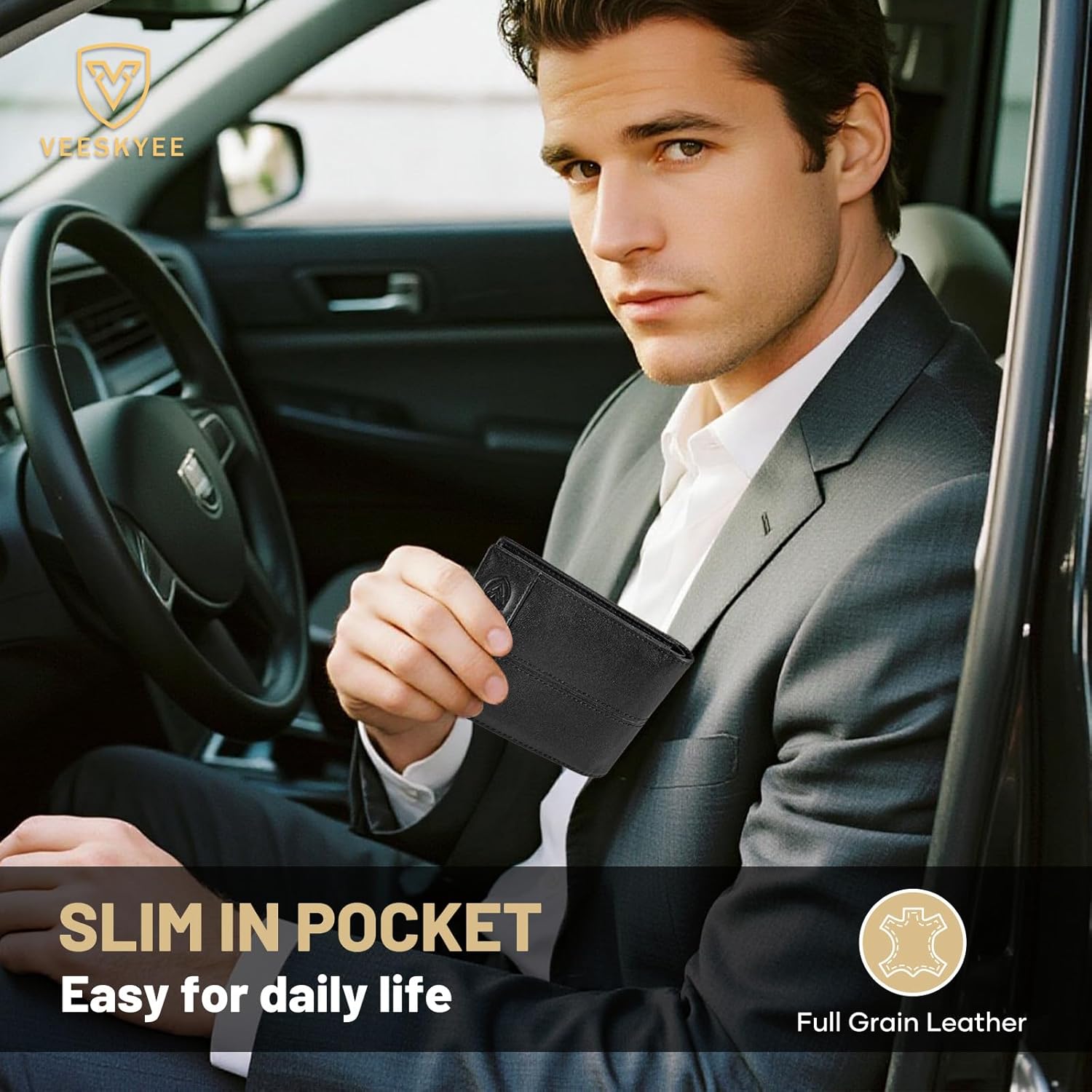 Men's Wallet Full Grain Leather Slim Bifold Wallets | RFID Blocking with Gift Box Black - Image 8