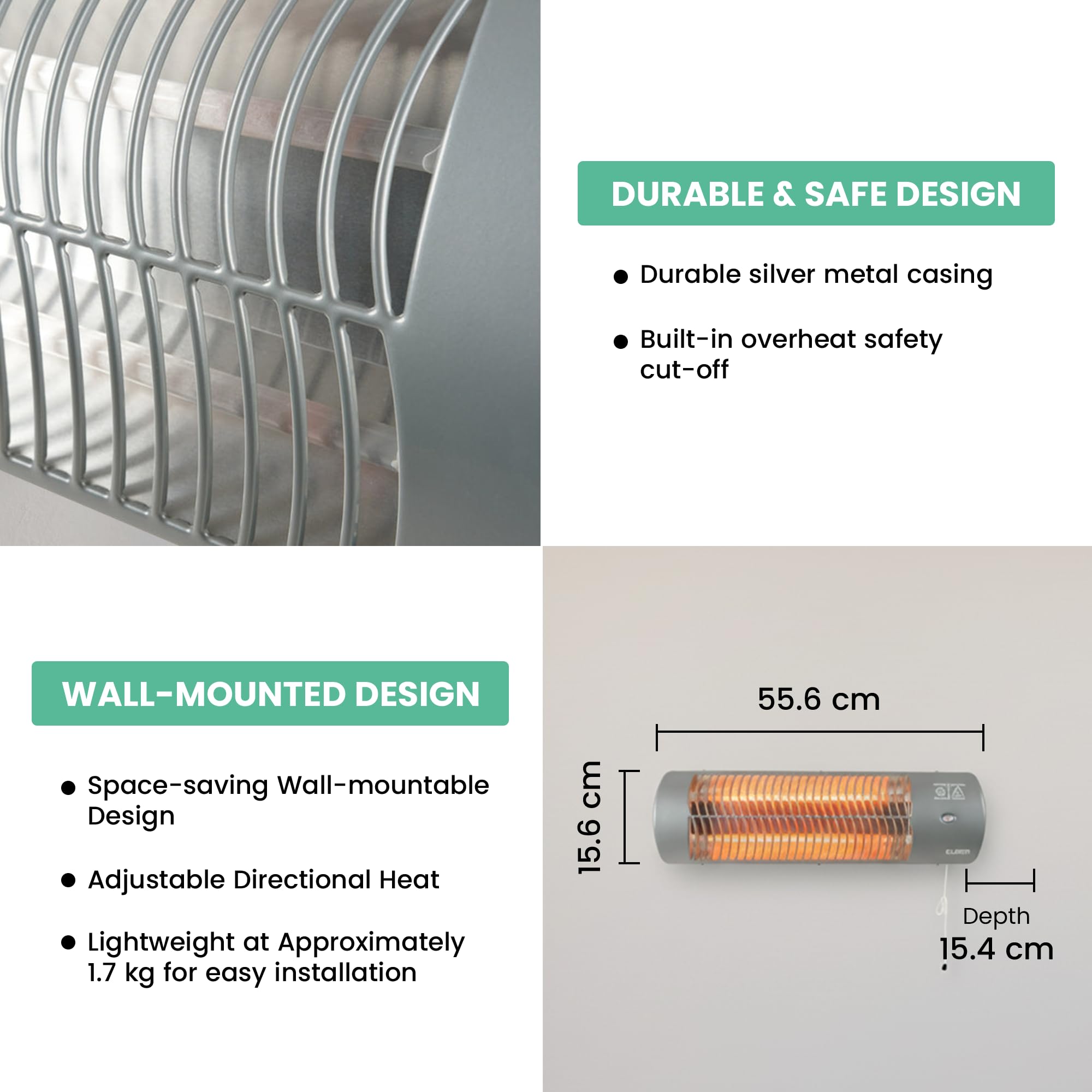 Eurom QH1203 Elektrische Badheizung, 1200W, 3 Leistungsstufen, Wandmontage (351224)