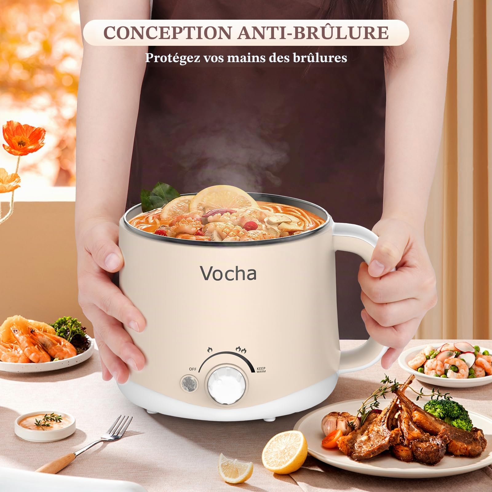 Vocha Marmite électrique avec fonction de maintien au chaud, poêle électrique anti-adhésive de 1,6 L, cuiseur de voyage portable, multicuiseur pour pâtes, nouilles, soupes, œufs durs, légumes (beige)