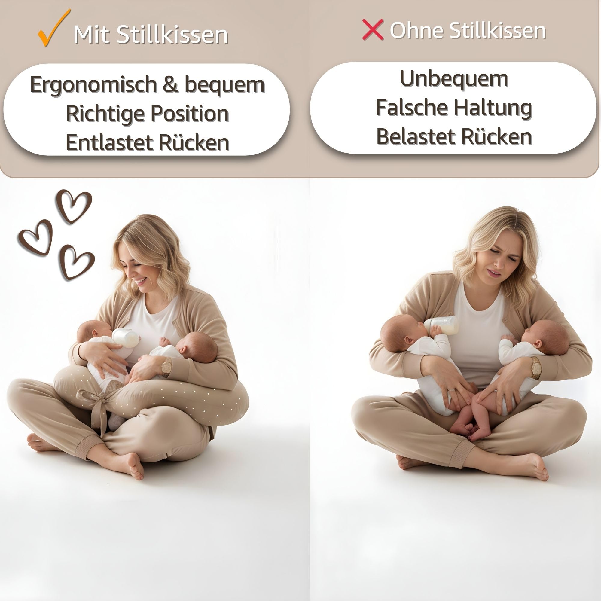 Coussin d’allaitement Jumeaux Twins - 90x50 cm - Oreiller maternité XXL ergonomique Breastfeeding Nursing Pillow bébé positionnement confortable multifonction Oeko-Tex Beige à étoiles blanches