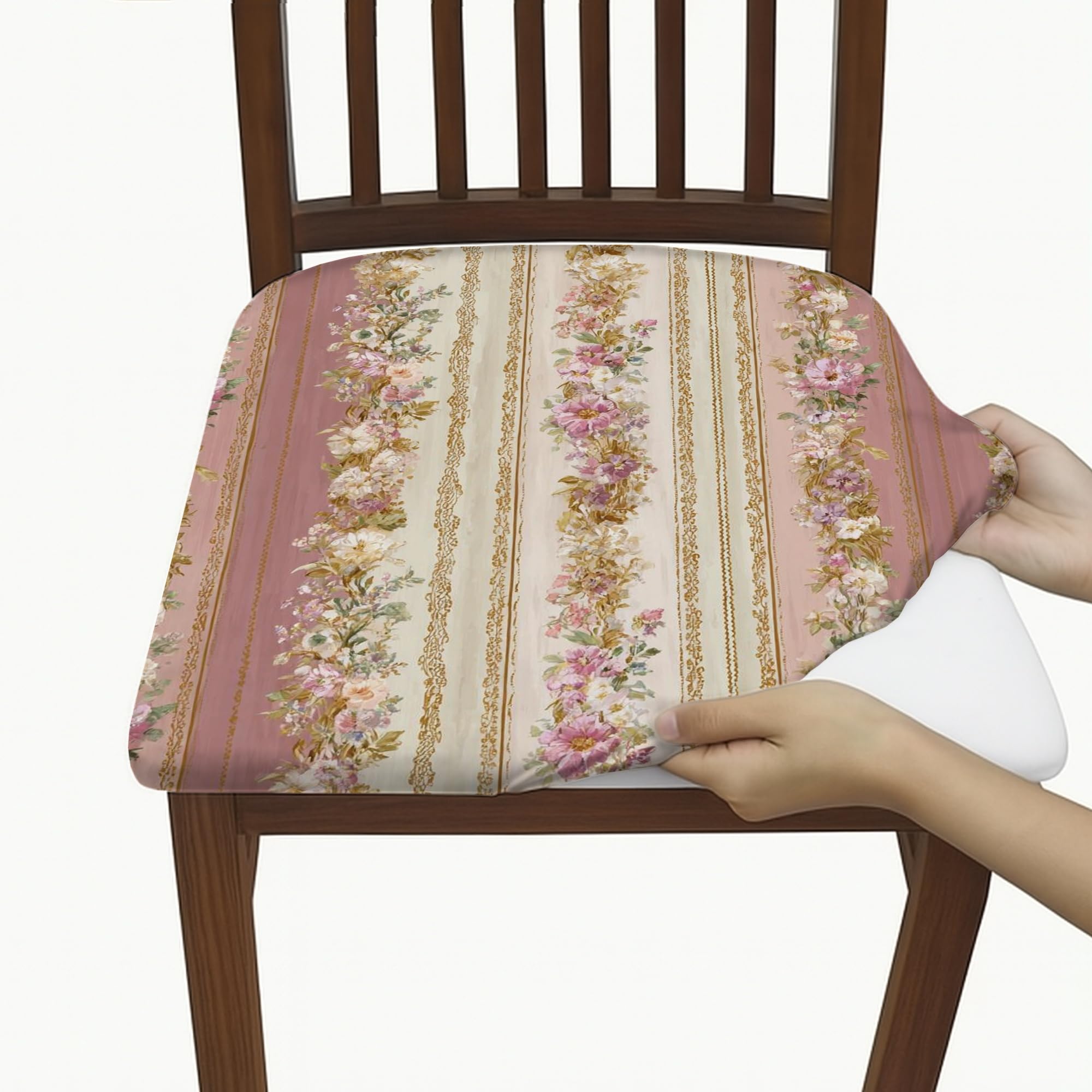 Elegant Floral Chair Seat Covers, Stretch Washable Spandex Cushion Covers with Vintage Design, Decorative Slipcovers for Living Room Home Decor 6PCS