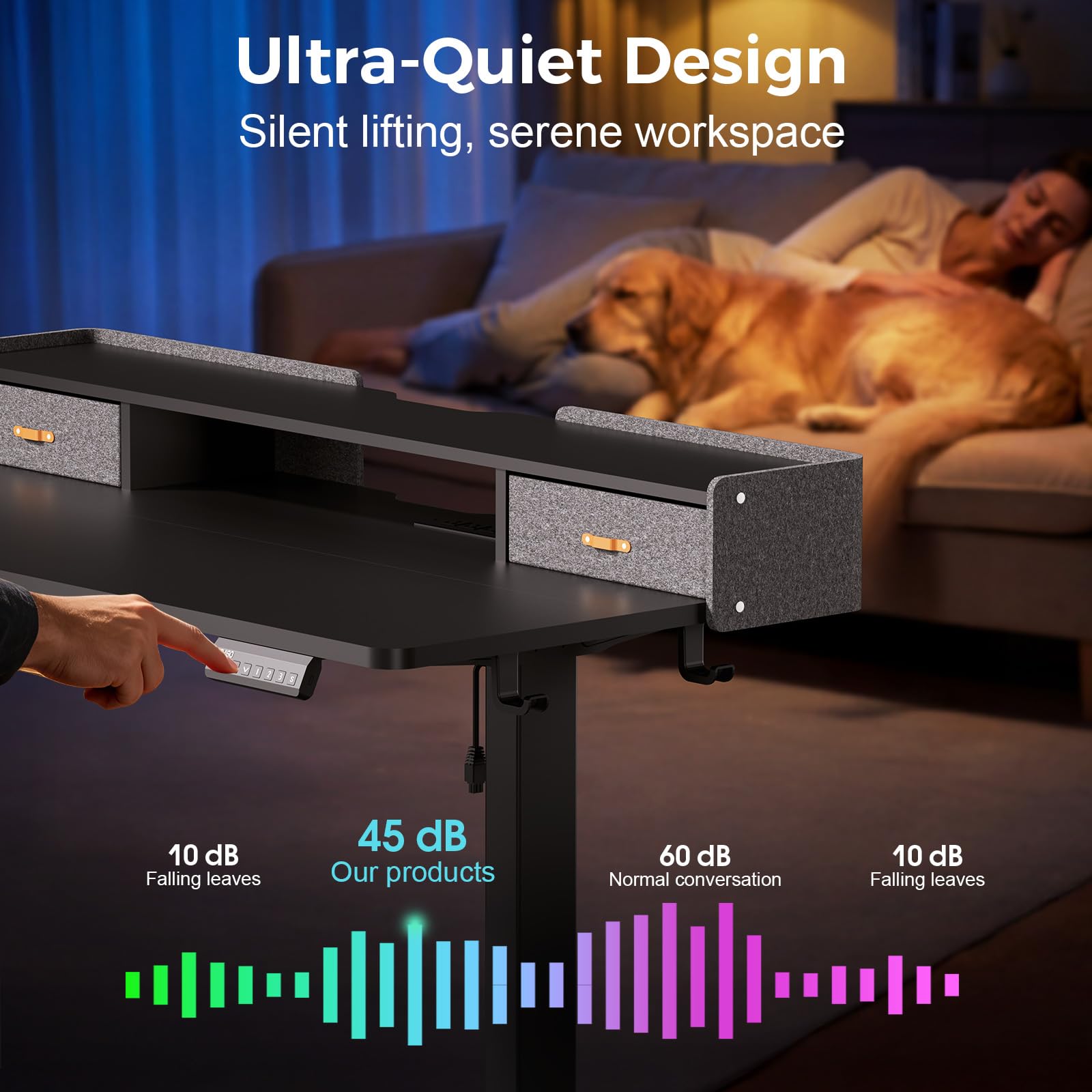 Electric Standing Desk with Drawers 63 Inch Height Adjustable Desk with Power Outlets LED Lights Sit Stand Table — view 9