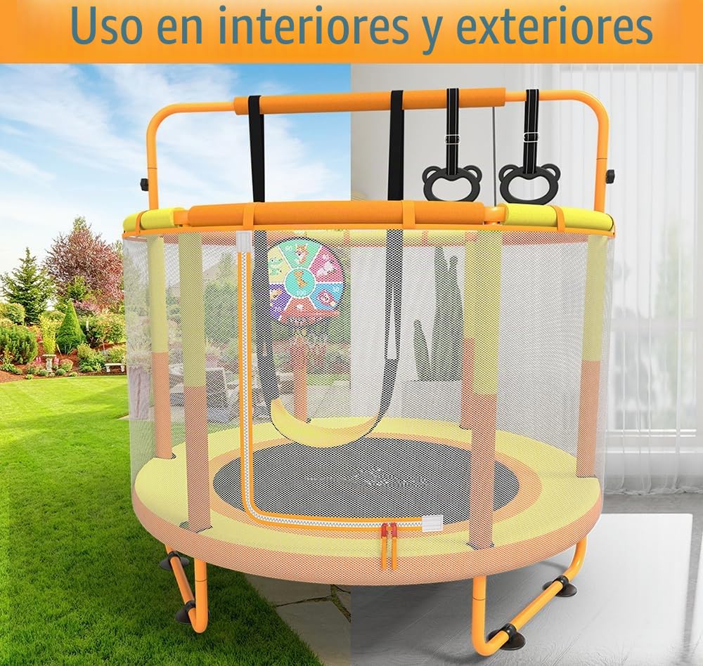 CZCPAPY Trampolín para Niños, Trampolín para Niños al Aire Libre, Uso Interior y Exterior, con Red de Seguridad, Cesta, Postes, Columpios, Regalo para Niños (amarillo naranja)