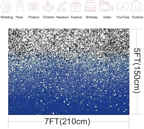Miniatura 4 de LYCGS Telón de fondo azul y plateado de 7 x 5 pies para cumpleaños, Bokeh, boda, graduación, fotografía, fondo X-79