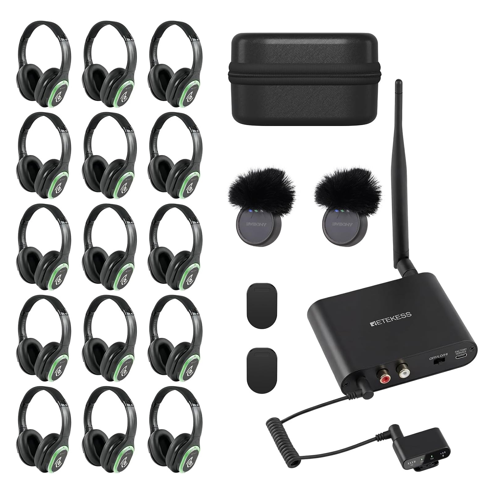 Retekess TA004 Silent Disco Kit, Cuffie Silent Party（1-15） | per Feste Discoteca Silenziosa, TV, Mini Microfono, 3 Canali, Portata 200m, 15 Cuffie, Confezione Multipla, Senza Fili