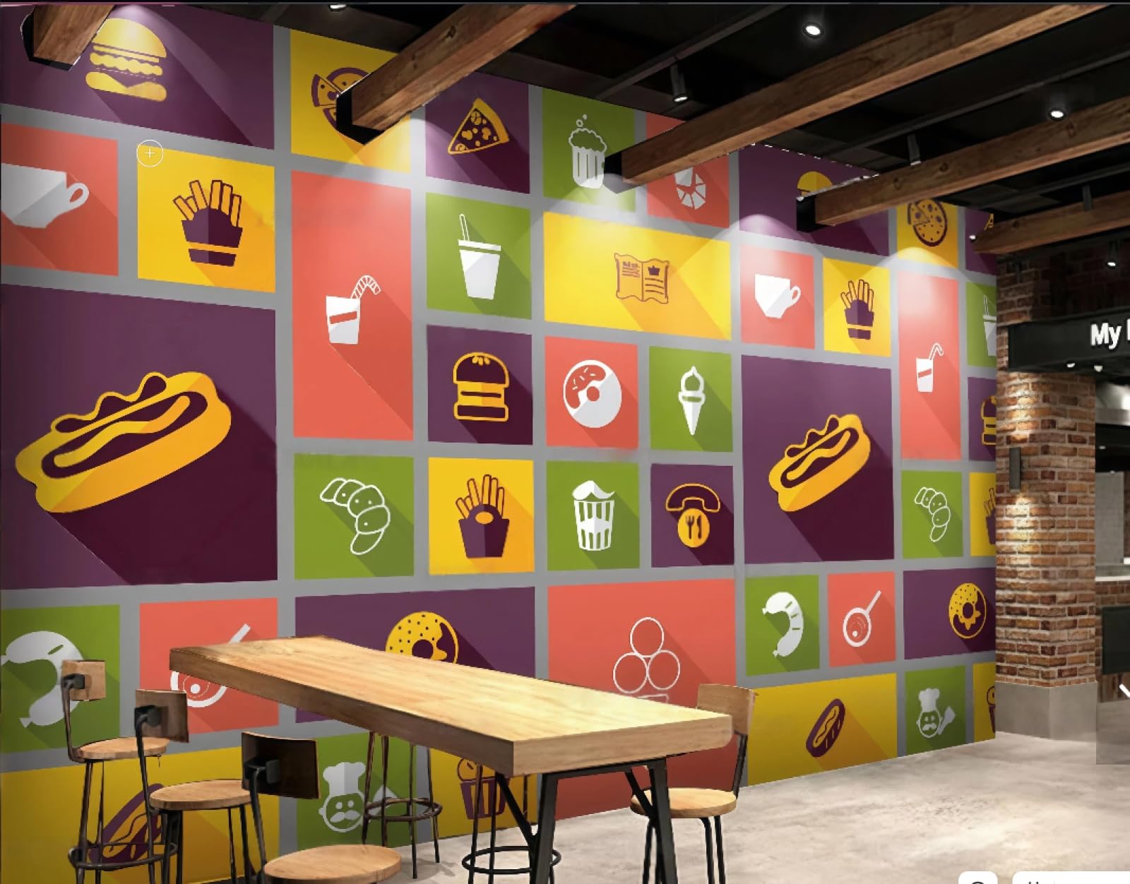 XDOUBAO Wallpaper Hand-Painted Graffiti Bread Pastry Room Burger Fast Food Snack Bar Afternoon Tea Western Restaurant Background Wall Wallpaper Coffee Shop Mural,3D,150x105cm