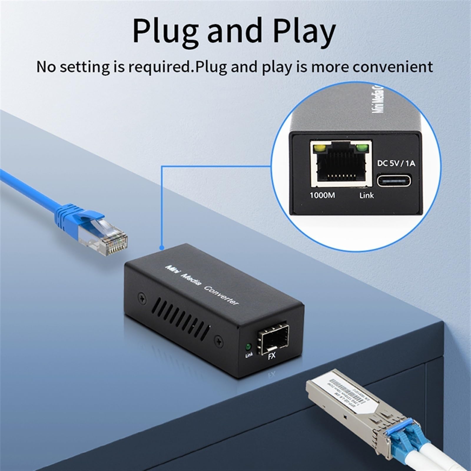 Gigabitowy Konwerter Mediów-konwerter Światłowodowy-SFP Na Konwerter Mediów Rj45 1000 Mb/s-SFP Przełącznik Światłowodowy Port DC 5V 1A Typu C