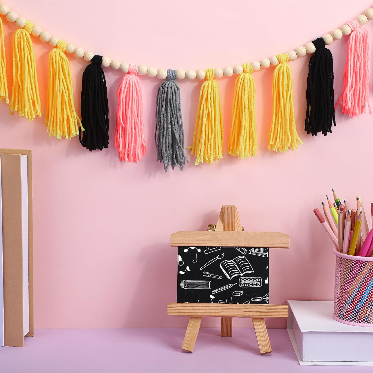 HunnmingRe Cotton Tassel Garland Pencil Banner Colorful Classroom Decor Back to School Tassel Garland with Wood Beads for Boho Classroom Party Backdrop Celebration Decor, 5ft