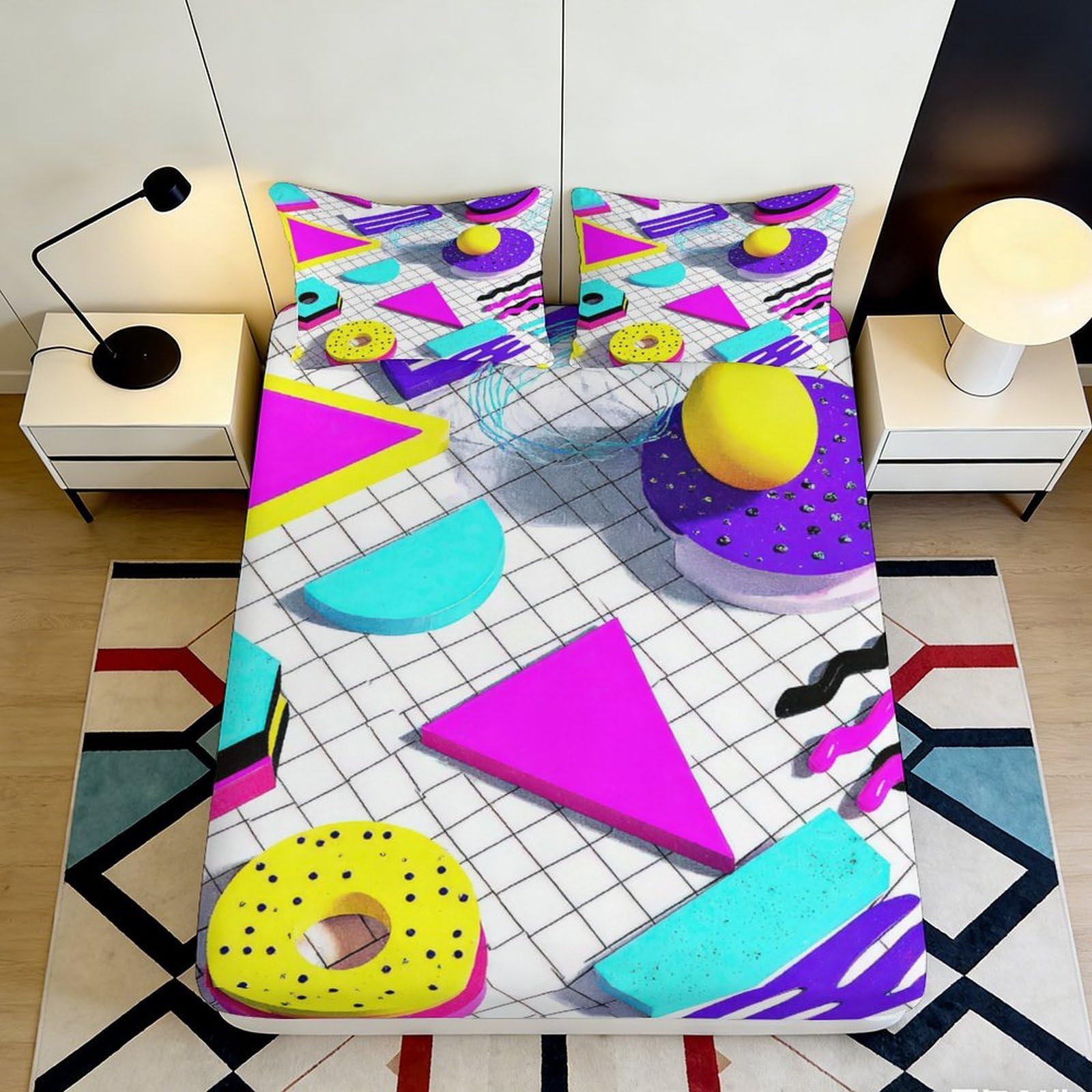 3D Printed Memphis Geometric Fitted Sheet Microfiber Colorful Abstract Mattress Cover for Bedroom Dorm Decor Easy Care 90x200x25cm