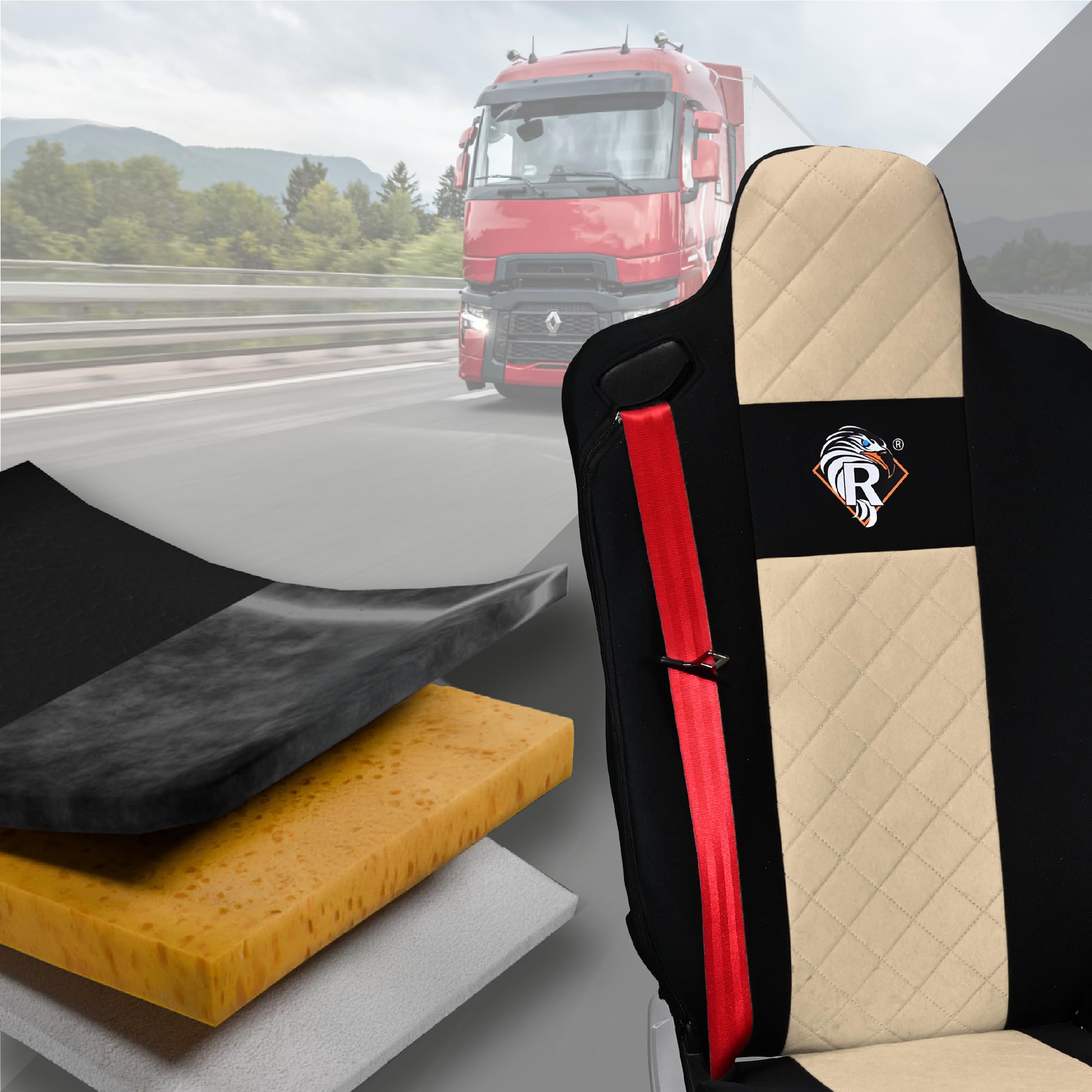 SABA Funda de Asiento para Renault Serie T Desde 2014, Asiento del Pasajero, 2 Cinturones de Seguridad Beige Accesorios de protección para Asientos de Camiones