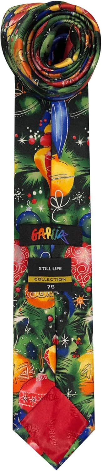 Jerry Garcia Men's Merry Christmas Collection Fancy Colorful Ornaments Tree Still Life Art Regular Length Neck Tie, Green, Regular - 58 inch (JG-9541)