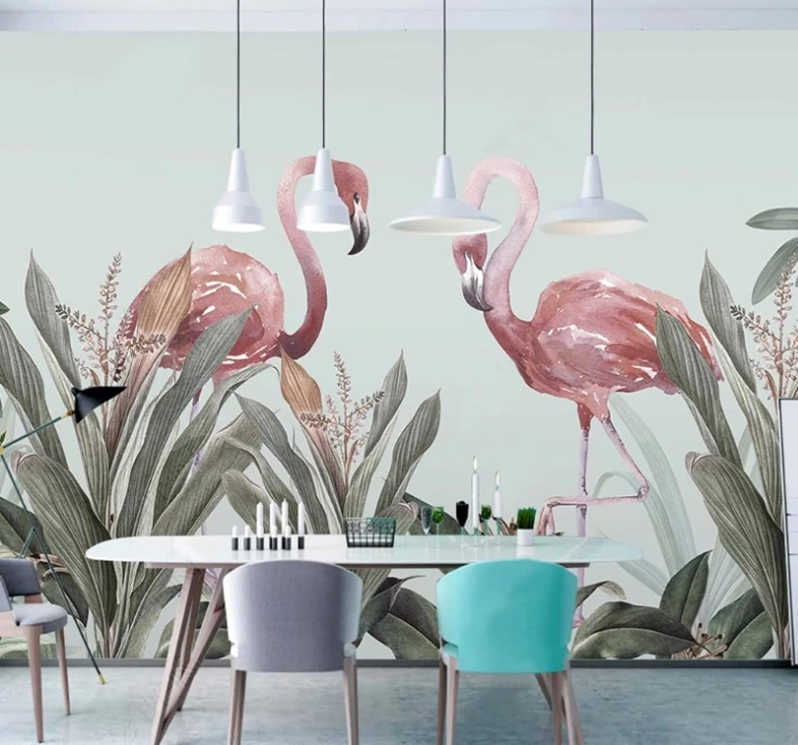 Hand Drawn Minimalist Green Plants Flamingos 3D Wallpaper Easy Install Feature Office Living Room Sofa Bedroom TV Background Wall Decoration-300cm×210cm
