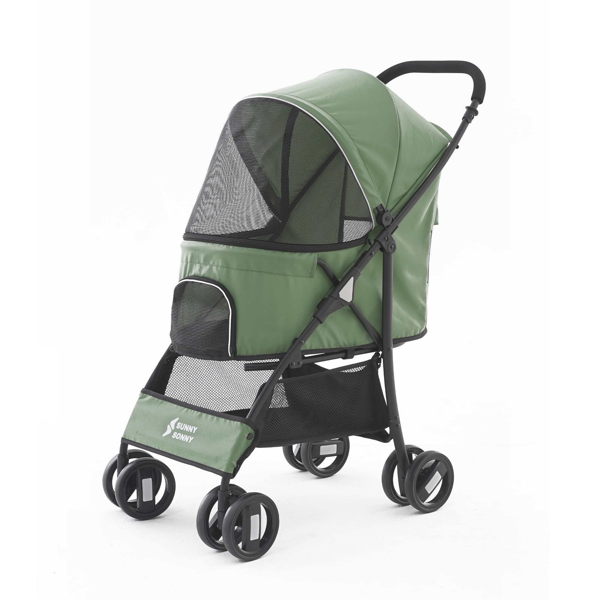 Sunny Sonny Pet Stroller for S/M Dogs & Cats up to 15kg, Kid Stroller，Foldable Portable Travel Carrier with Swivel Wheels, Waterproof, Large Storage Basket, Zipper Entry & Safety Design (Green)