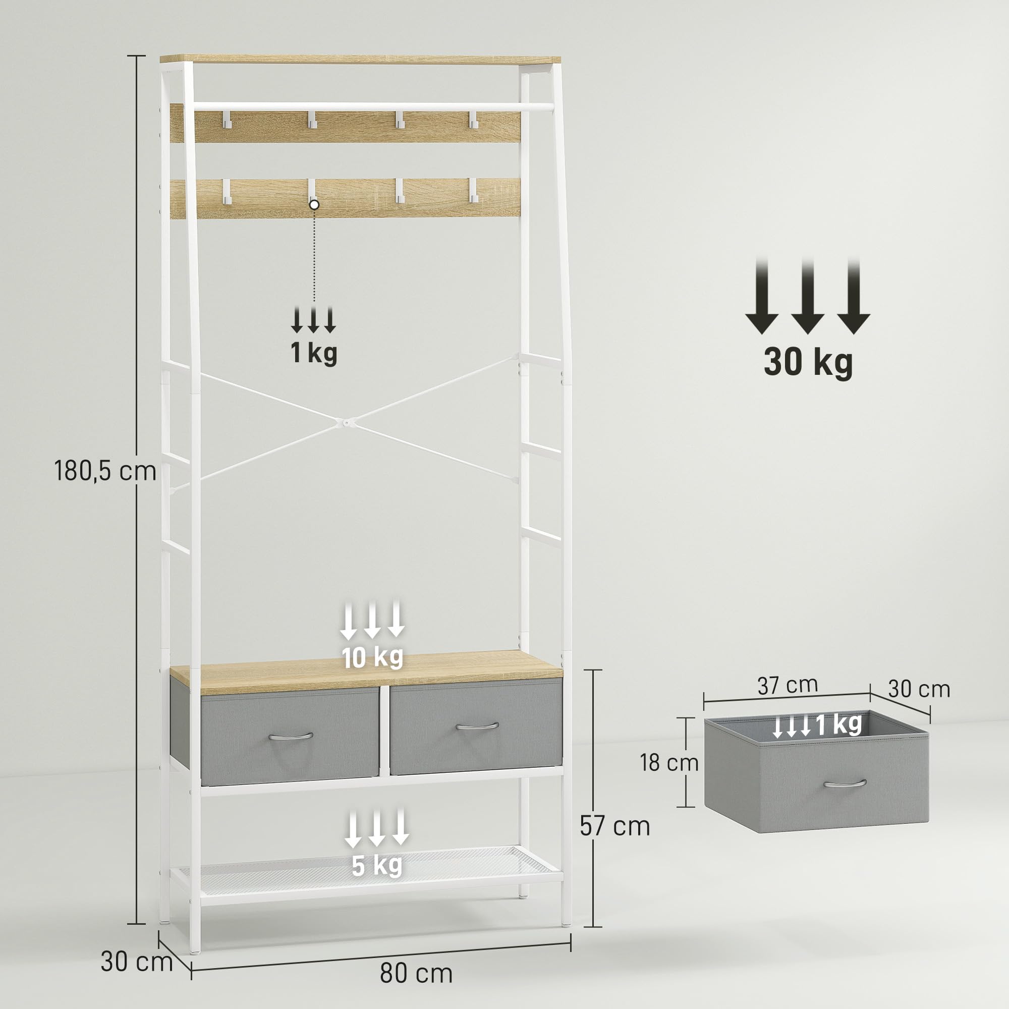 HOMCOM Perchero Zapatero Perchero Entrada Recibidor con Zapatero 8 Ganchos 2 Cajones de Tela Barra Estante de Malla Estilo Industrial para Colgar Ropa Pasillo Dormitorio Salón 80x30x180,5 cm Natural