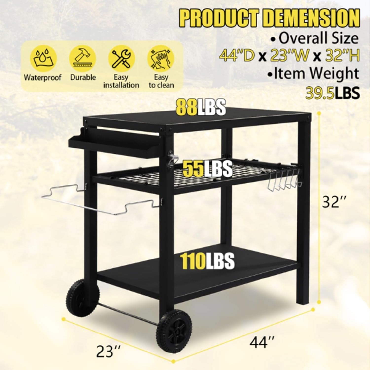 Outdoor Grill Dining Cart, Movable BBQ Trolley Pizza Oven Stand w/Shelves, Hooks, Multifunctional Flattop Food Prep Worktable w/Lockable Wheels, Side Handle