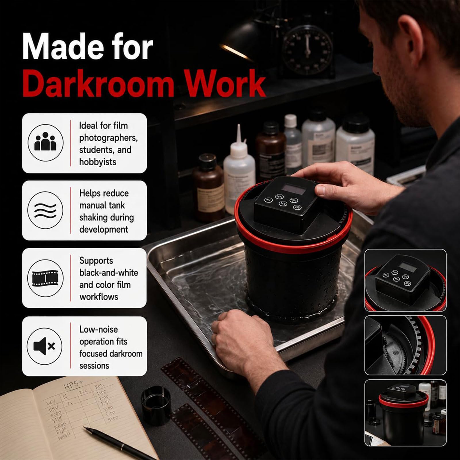 Processore Automatico per Pellicole Kit di Sviluppo Fotografico Domestico | Attrezzatura per Sviluppo in Camera Oscura con Doppia Modalità e 3 Velocità Regolabili per Pellicole 35mm, 120/220 B&N(A)