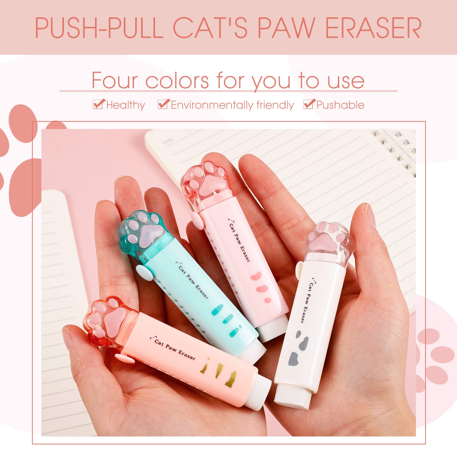 2 Gomme Cancellini A Rullo A Forma Di Zampa Di Gatto – Colori Simpatici Per Bambini, Scuola E Ufficio